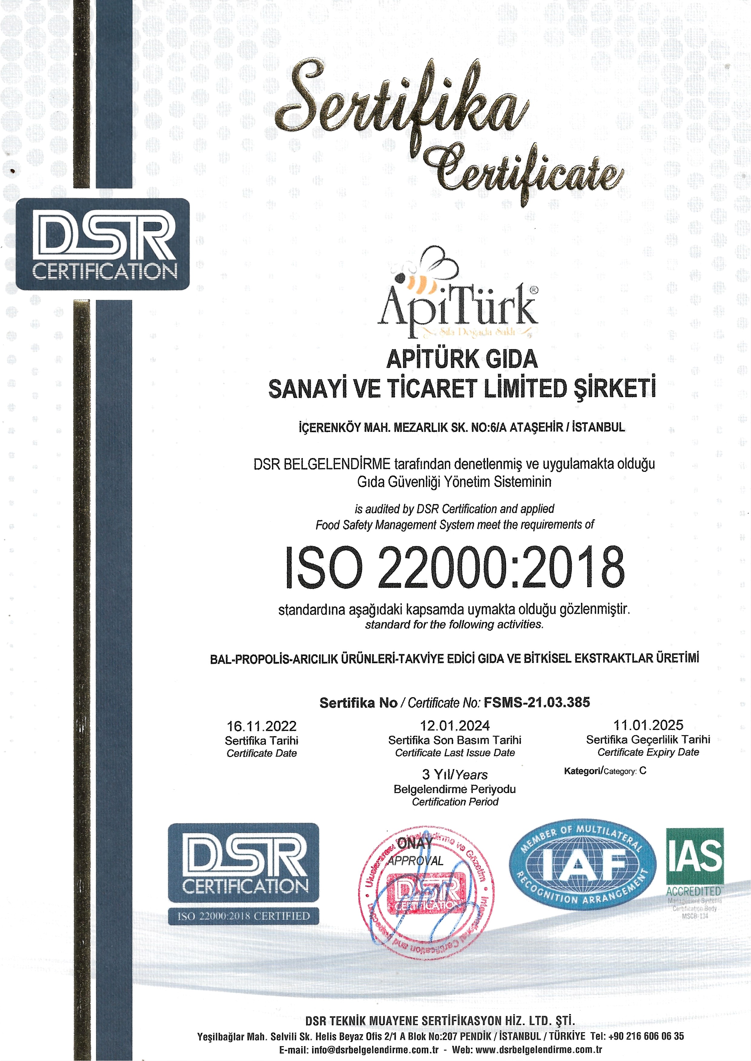 APİTÜRK GIDA ISO22000 BELGESİ