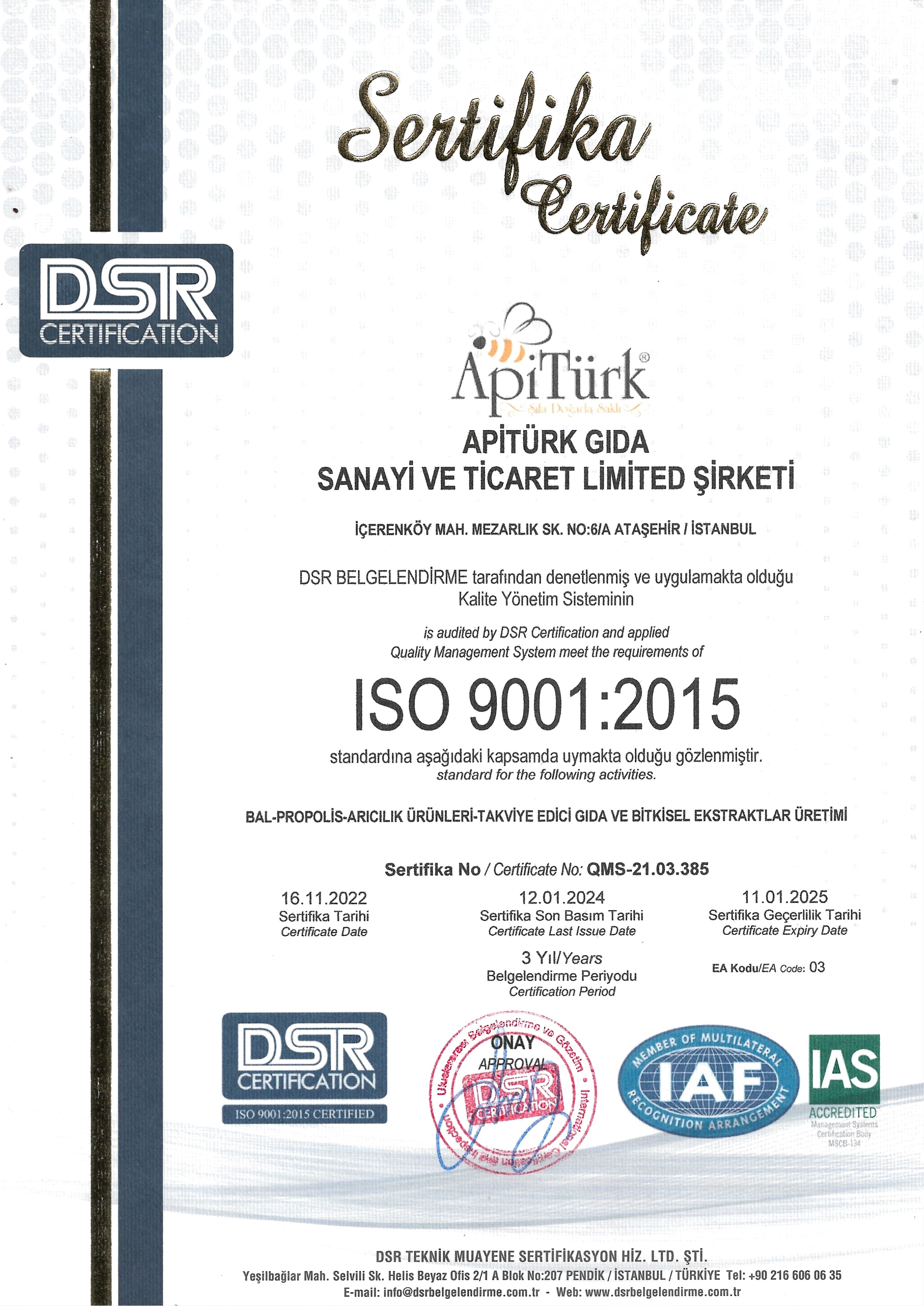 APİTÜRK GIDA ISO9001 BELGESİ