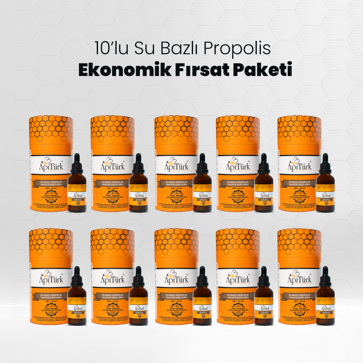 10’lu Su Bazlı Propolis Ekonomik Paket 50ml 10 Adet (Alkolsüz)
