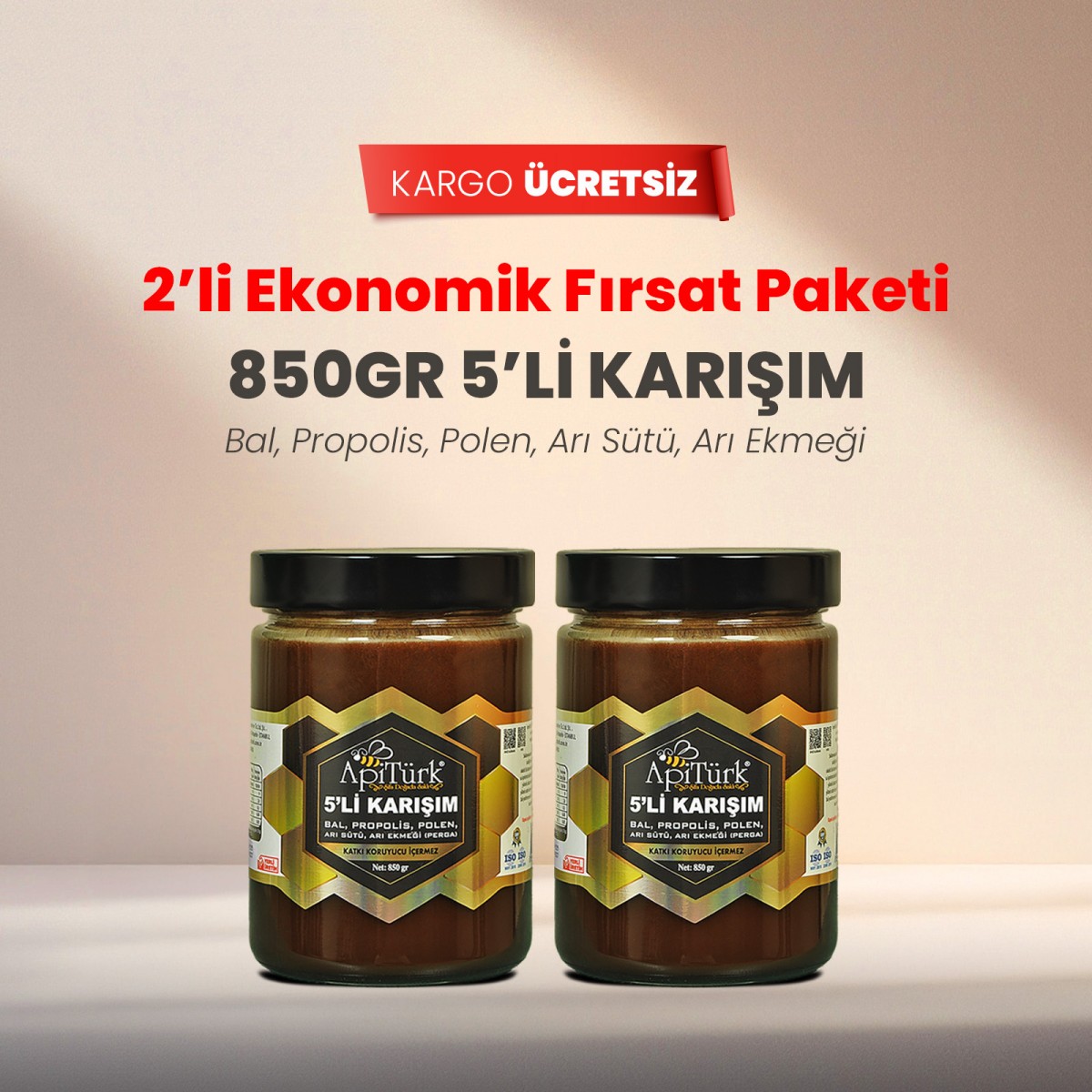 2'li Ekonomik Fırsat Paketi 5'li Karışım 850gr (Bal, Propolis, Polen, Arı Sütü, Arı ekmeği)