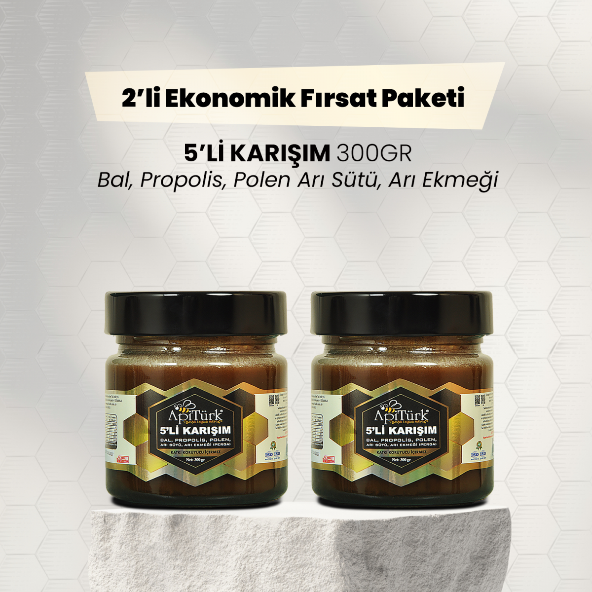 2'li Ekonomik Paket 5'li Karışım 300gr Bal, Propolis, Polen Arı Sütü, Arı Ekmeği