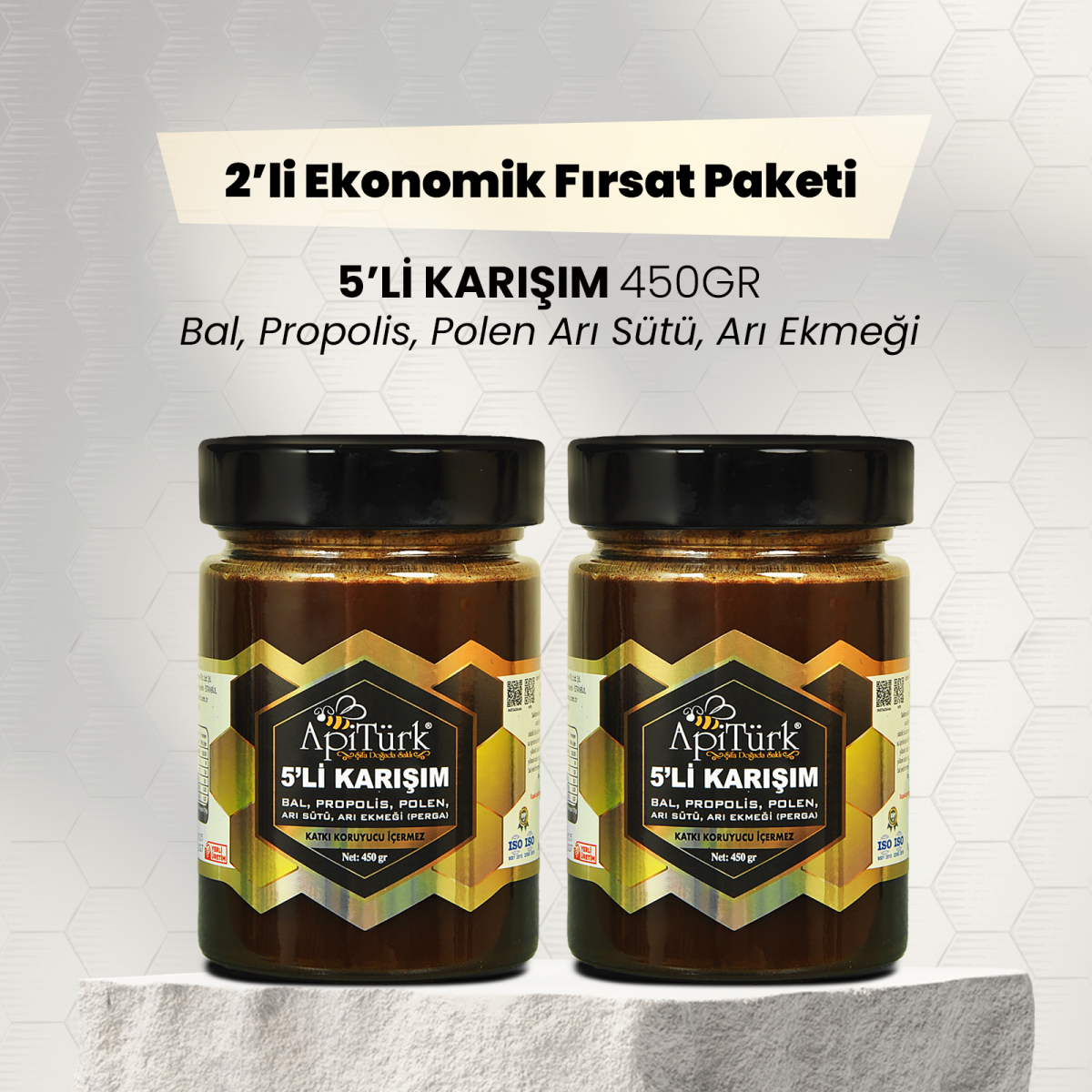 2'li Ekonomik Paket 5'li Karışım 450gr Bal, Propolis, Polen Arı Sütü, Arı Ekmeği 2'li Ekonomik Paket 5'li Karışım 450gr Bal, Propolis, Polen Arı Sütü, Arı Ekmeği
