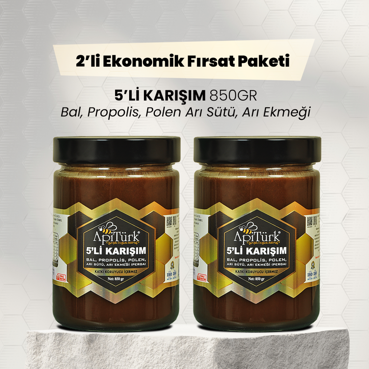 2'li Ekonomik Paket 5'li Karışım 850gr Bal, Propolis, Polen Arı Sütü, Arı Ekmeği 2'li Ekonomik Paket 5'li Karışım 850gr Bal, Propolis, Polen Arı Sütü, Arı Ekmeği