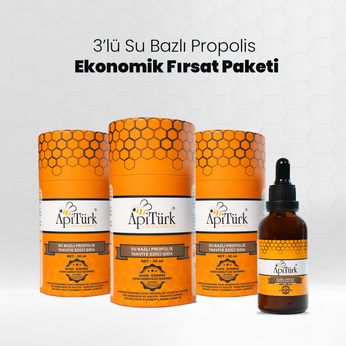3’lü Su Bazlı Propolis Ekonomik Paket 50ml 3 Adet (Alkolsüz)