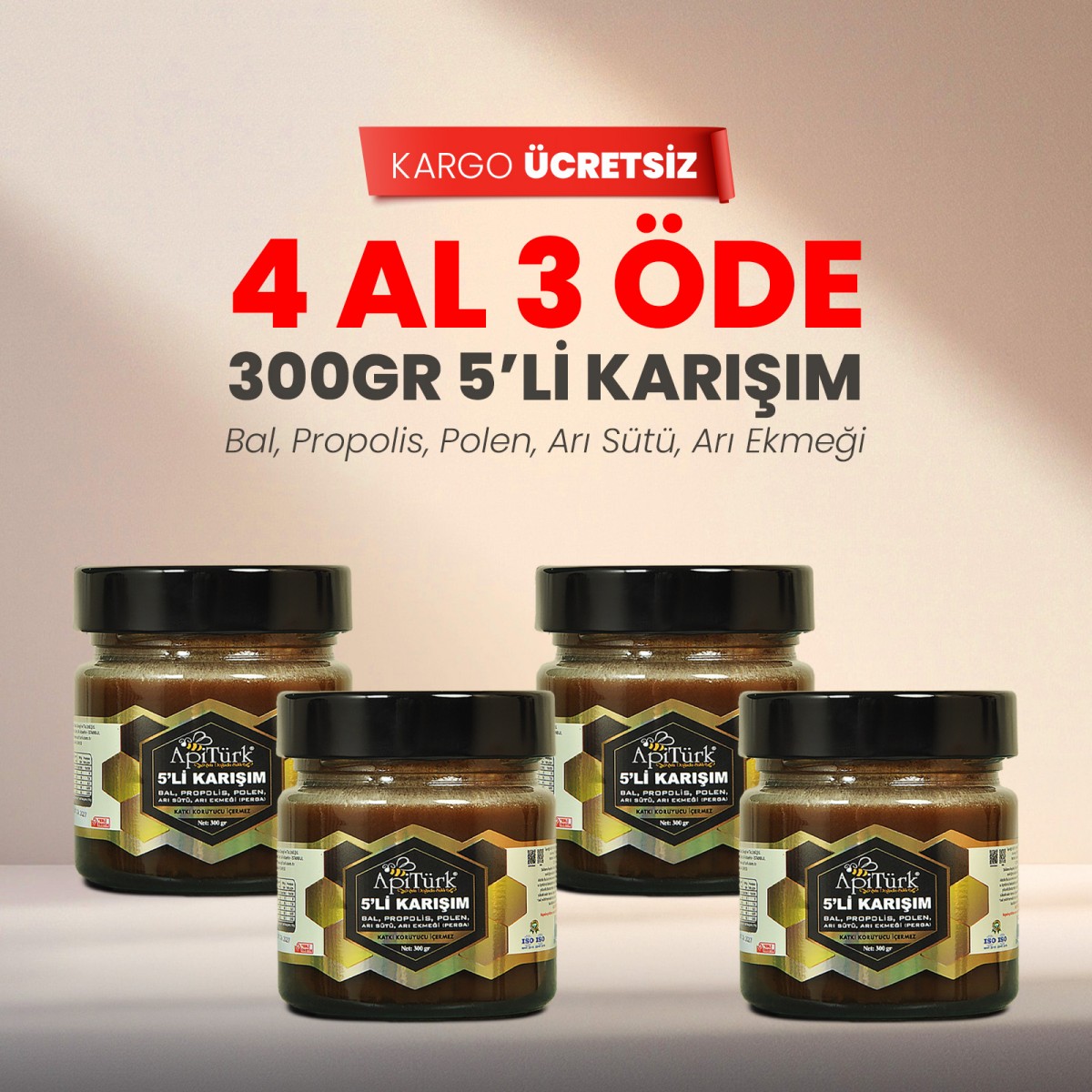 4 Al 3 Öde 5'li Karışım 300gr (Bal, Propolis, Polen, Arı Sütü, Arı ekmeği) 4 Al 3 Öde 5'li Karışım 300gr (Bal, Propolis, Polen, Arı Sütü, Arı ekmeği)