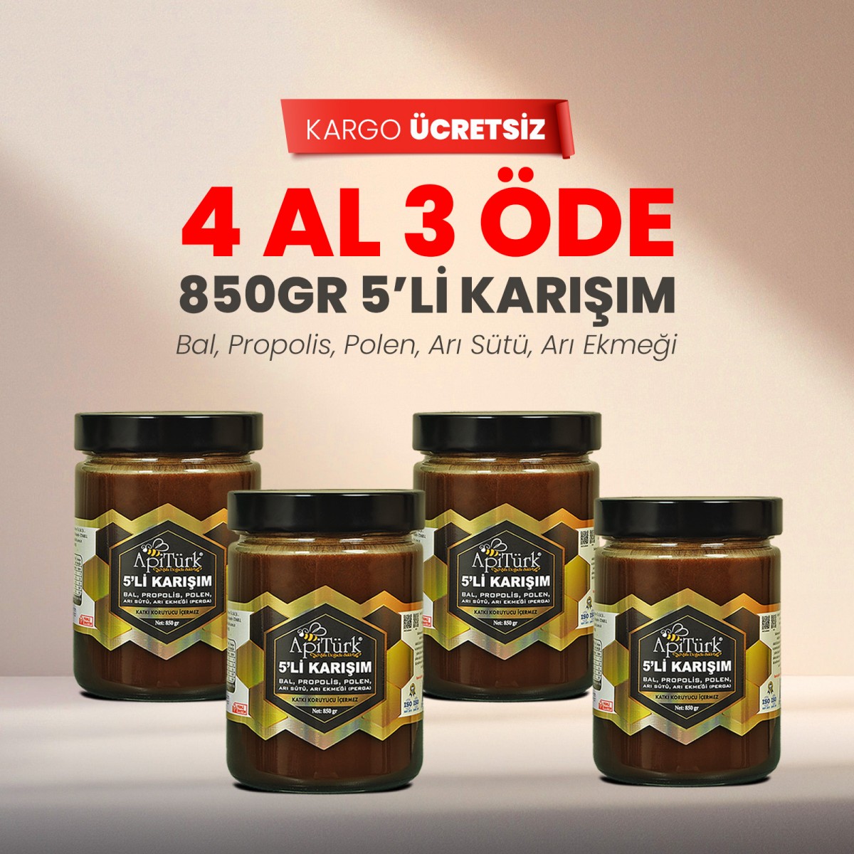 4 Al 3 Öde 5'li Karışım 850gr (Bal, Propolis, Polen, Arı Sütü, Arı ekmeği) 4 Al 3 Öde 5'li Karışım 850gr (Bal, Propolis, Polen, Arı Sütü, Arı ekmeği)