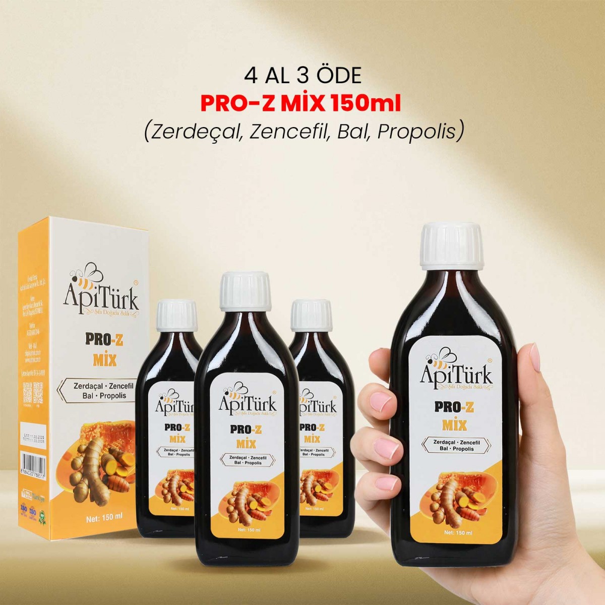 4 Al 3 Öde Pro-Z Mix 150 ml (Zerdeçal, Zencefil, Bal, Propolis) 4 Al 3 Öde Pro-Z Mix 150 ml (Zerdeçal, Zencefil, Bal, Propolis)
