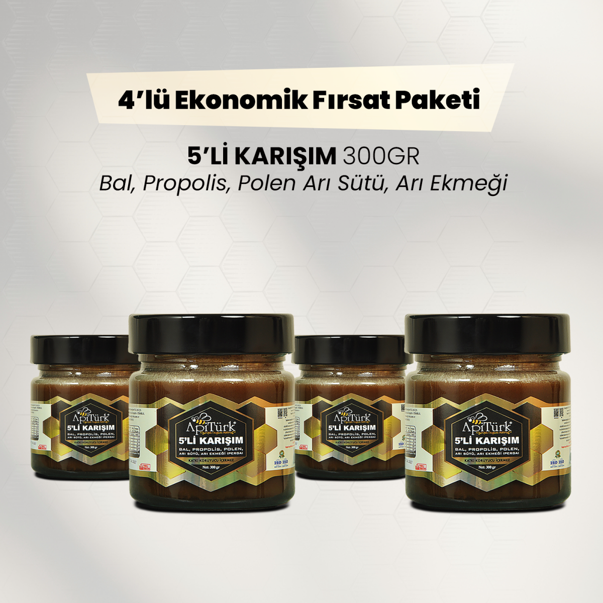 4'lü Ekonomik Paket 5'li Karışım 300gr Bal, Propolis, Polen Arı Sütü, Arı Ekmeği