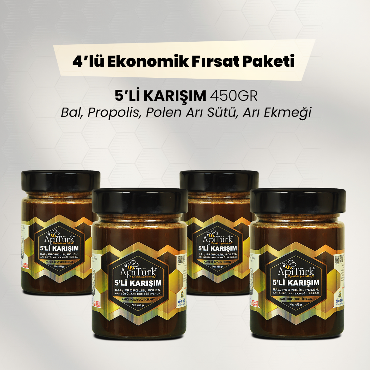 4'lü Ekonomik Paket 5'li Karışım 450gr Bal, Propolis, Polen Arı Sütü, Arı Ekmeği