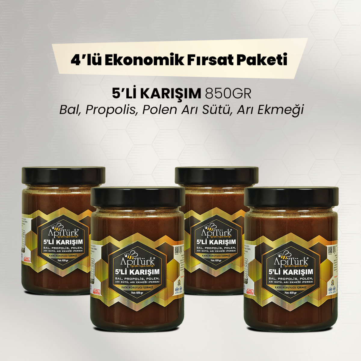 4'lü Ekonomik Paket 5'li Karışım 850gr Bal, Propolis, Polen Arı Sütü, Arı Ekmeği 4'lü Ekonomik Paket 5'li Karışım 850gr Bal, Propolis, Polen Arı Sütü, Arı Ekmeği