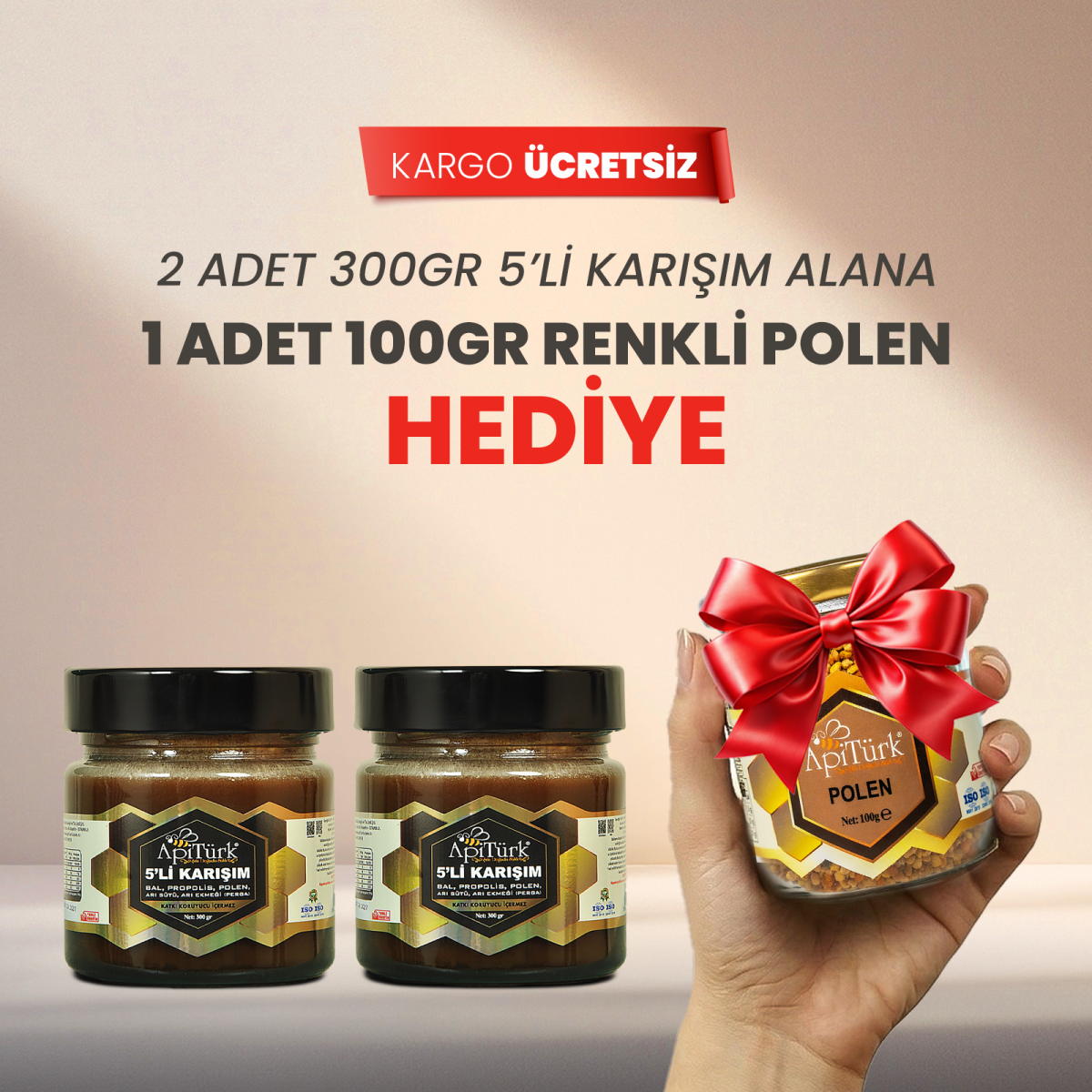 5'li Karışım 300gr 2 Alana 1 Adet 100gr Renkli Polen Hediye(Bal, Propolis, Polen, Arı Sütü, Arı ekmeği) 5'li Karışım 300gr 2 Alana 1 Adet 100gr Renkli Polen Hediye(Bal, Propolis, Polen, Arı Sütü, Arı ekmeği)