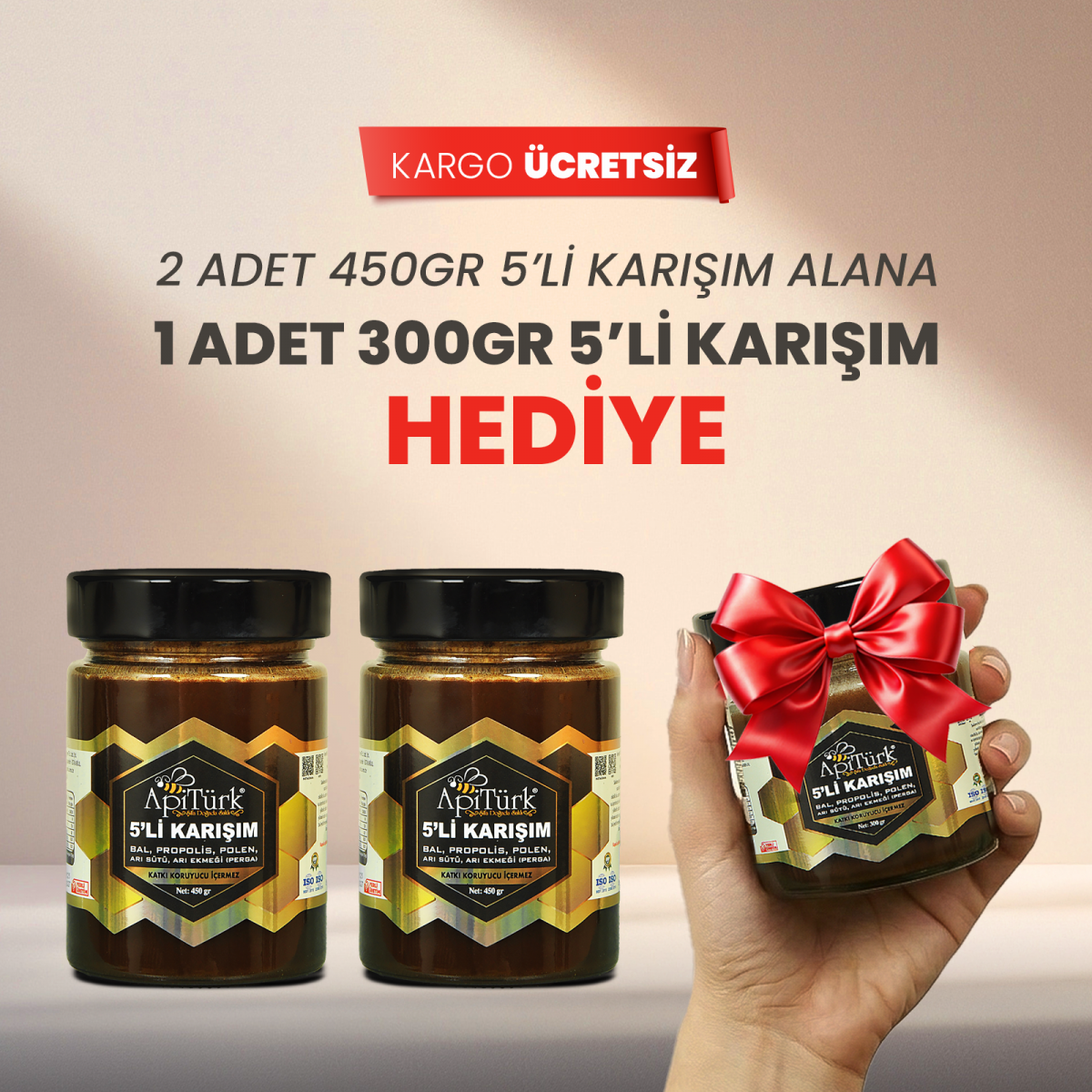 5'li Karışım 450gr 2 Alana 1 Adet 300 gr Hediye(Bal, Propolis, Polen, Arı Sütü, Arı ekmeği) 5'li Karışım 450gr 2 Alana 1 Adet 300 gr Hediye(Bal, Propolis, Polen, Arı Sütü, Arı ekmeği)