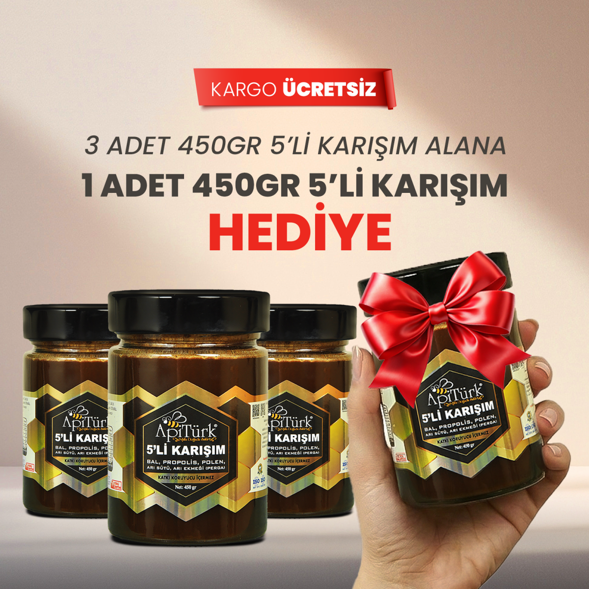 5'li Karışım 450gr 3 Alana 1 Adet 450 gr Hediye(Bal, Propolis, Polen, Arı Sütü, Arı ekmeği) 5'li Karışım 450gr 3 Alana 1 Adet 450 gr Hediye(Bal, Propolis, Polen, Arı Sütü, Arı ekmeği)