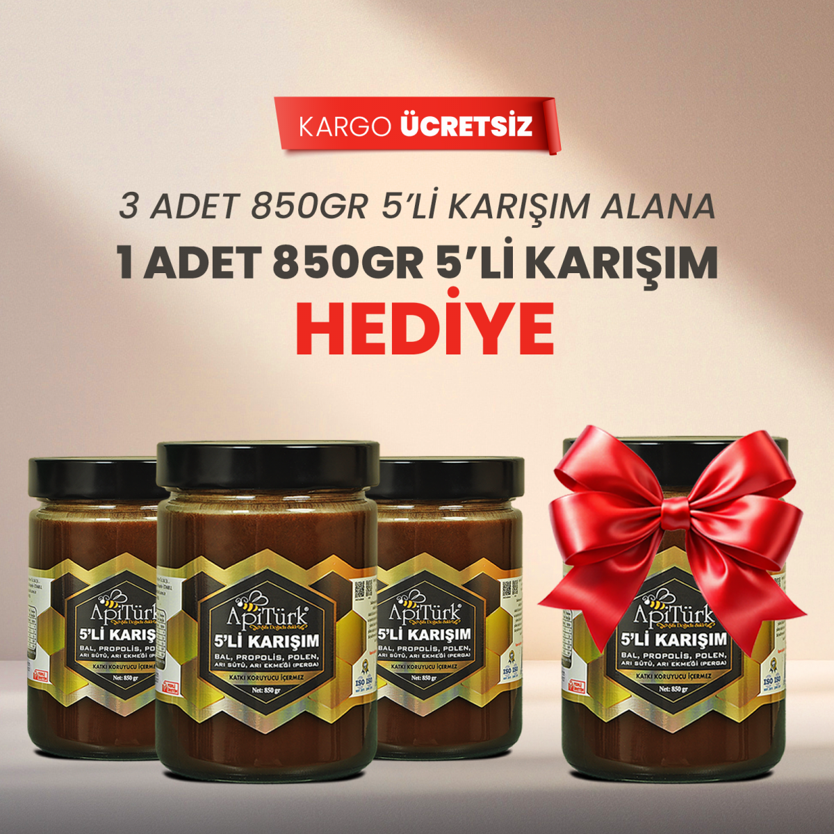 5'li Karışım 850gr 3 Alana 1 Adet 850 gr Hediye(Bal, Propolis, Polen, Arı Sütü, Arı ekmeği)