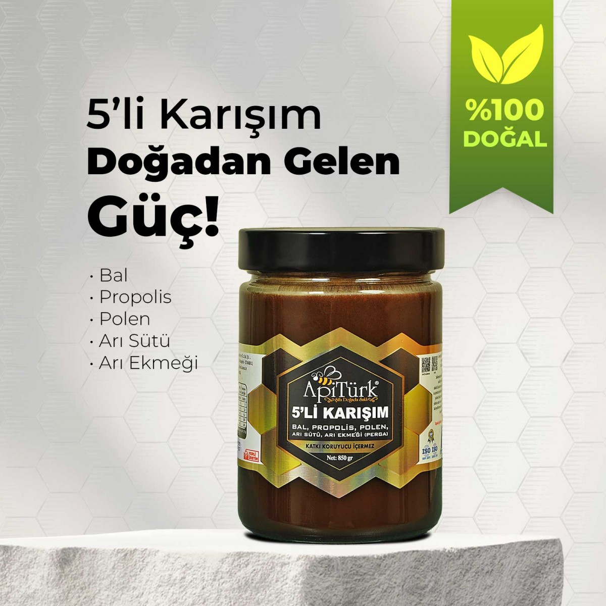 5'li Karışım 850gr Bal, Propolis, Polen Arı Sütü, Arı Ekmeği