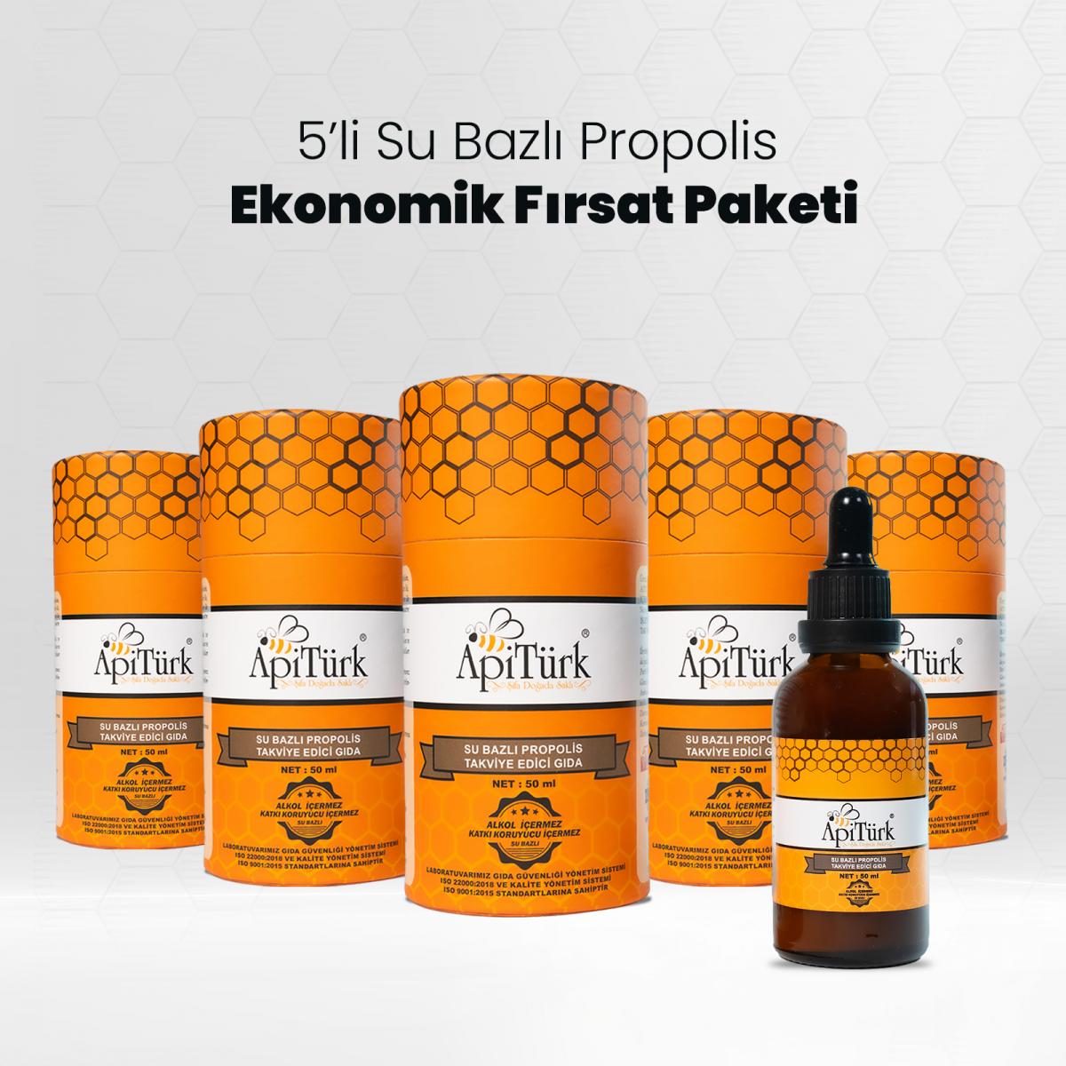 5’li Su Bazlı Propolis Ekonomik Paket 50ml 5 Adet (Alkolsüz)