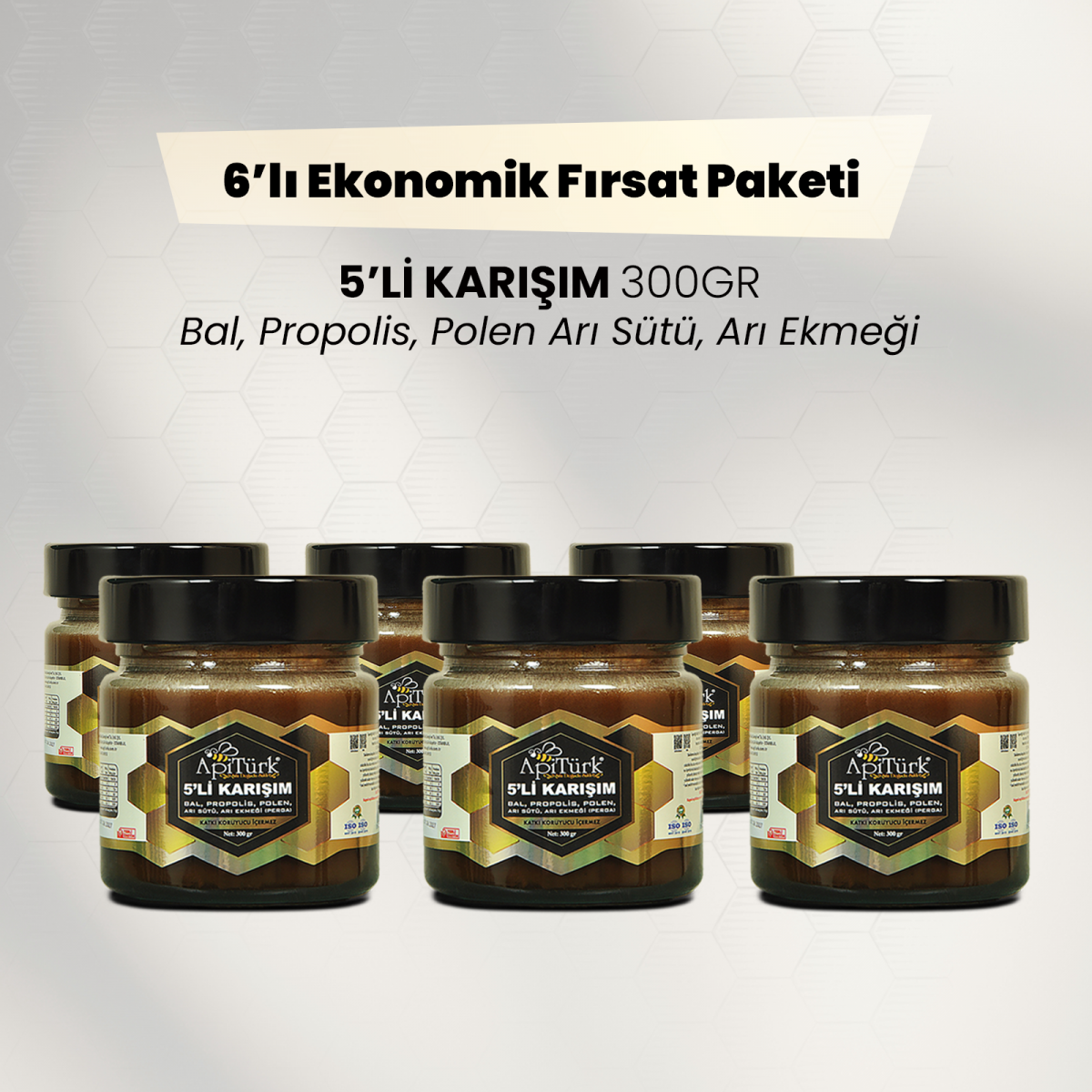 6'lı Ekonomik Paket 5'li Karışım 300gr Bal, Propolis, Polen Arı Sütü, Arı Ekmeği