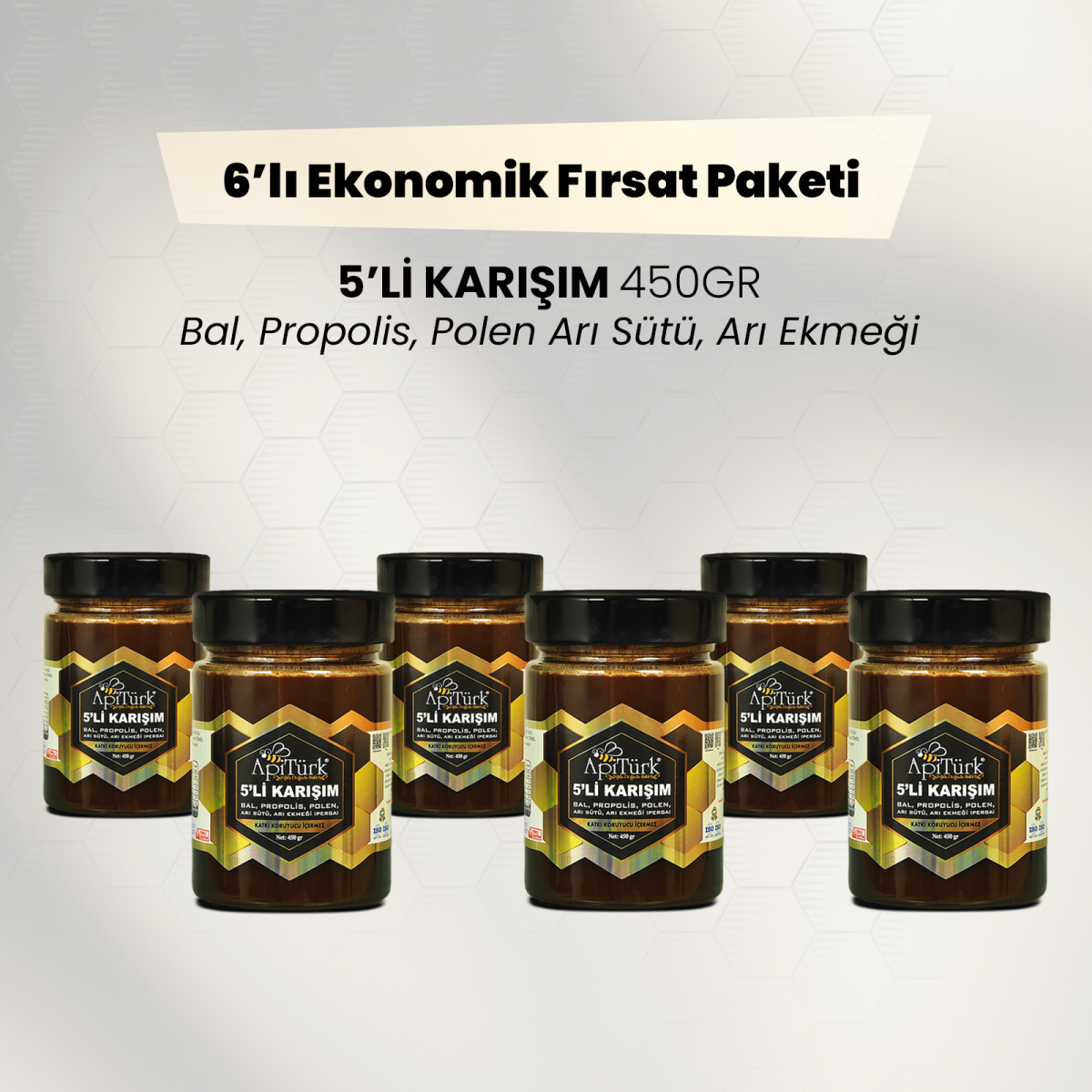 6'lı Ekonomik Paket 5'li Karışım 450gr Bal, Propolis, Polen Arı Sütü, Arı Ekmeği