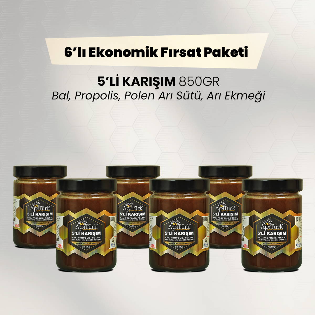 6'lı Ekonomik Paket 5'li Karışım 850gr Bal, Propolis, Polen Arı Sütü, Arı Ekmeği 6'lı Ekonomik Paket 5'li Karışım 850gr Bal, Propolis, Polen Arı Sütü, Arı Ekmeği