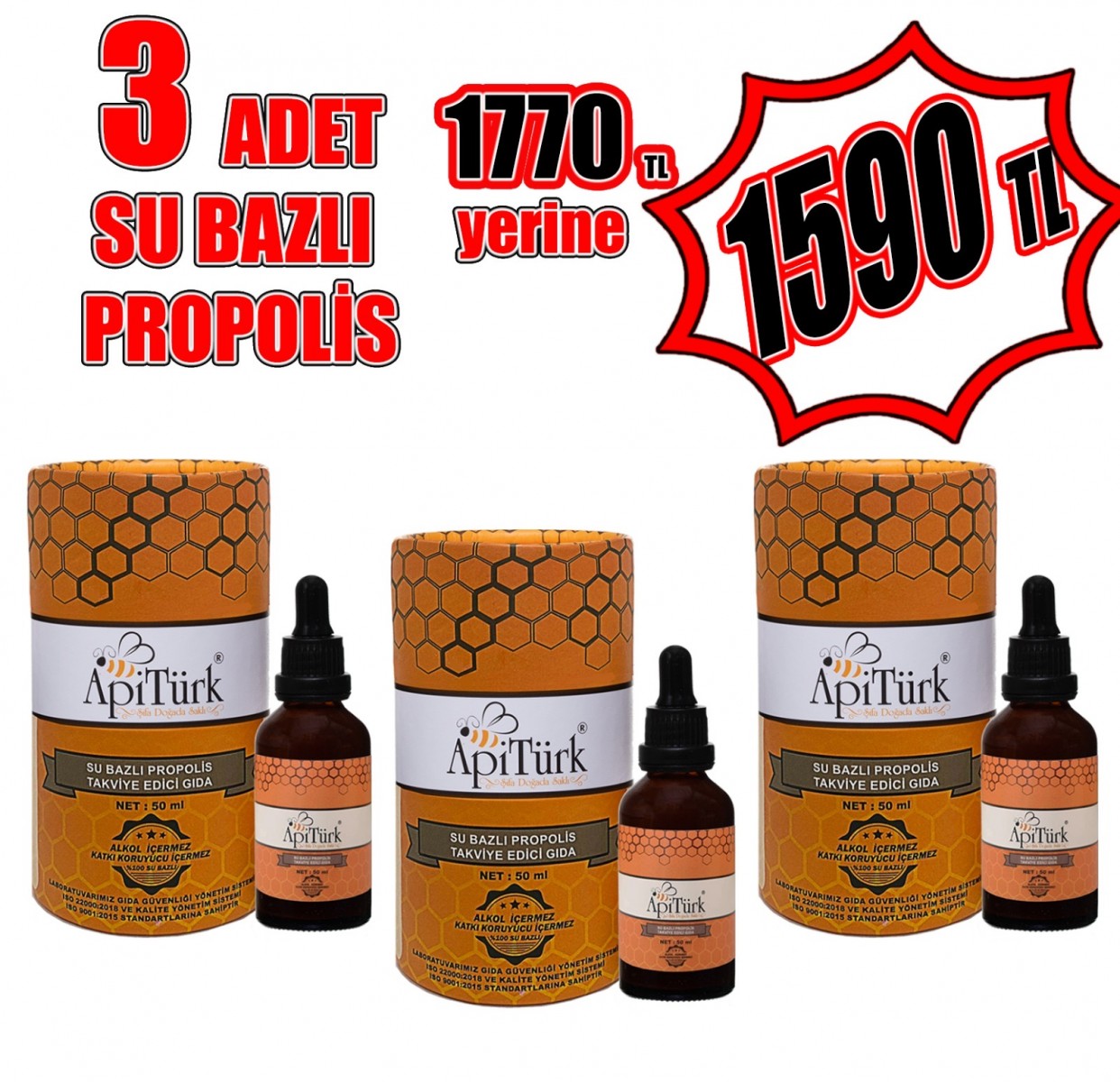 AVANTAJ PAKETİ APİTÜRK SU BAZLI PROPOLİS 50ml 3 ADET (ALKOLSÜZ)