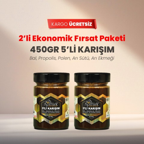 2'li Ekonomik Fırsat Paketi 5'li Karışım 450gr (Bal, Propolis, Polen, Arı Sütü, Arı ekmeği)