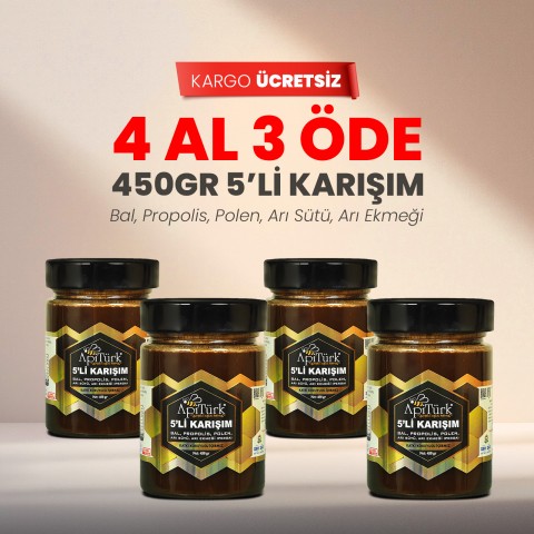 4 Al 3 Öde 5'li Karışım 450gr (Bal, Propolis, Polen, Arı Sütü, Arı ekmeği)