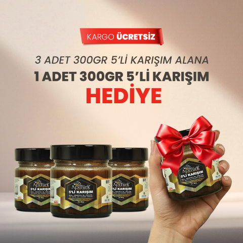 5'li Karışım 300gr 2 Alana 1 Adet 300gr Hediye(Bal, Propolis, Polen, Arı Sütü, Arı ekmeği)