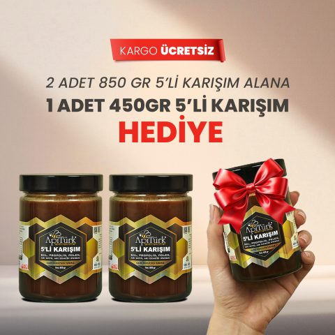 5'li Karışım 850gr 2 Alana 1 Adet 450 gr Hediye(Bal, Propolis, Polen, Arı Sütü, Arı ekmeği)